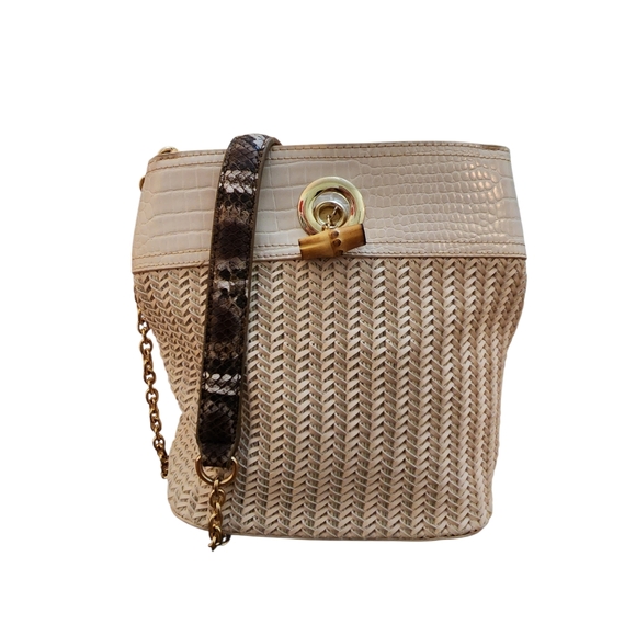 Sondra Roberts Handbags - Sondra Roberts Squared Ivory Woven Bag With Snakeskin Chain Handle NWOT